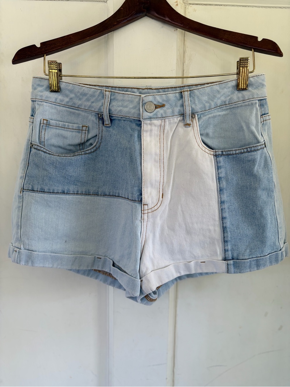 PacSun Patchwork Two-Tone Denim “Mom” Shorts - Light Blue & White